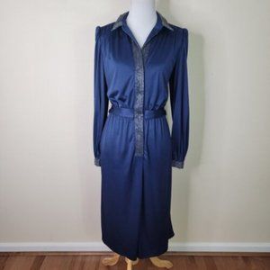 VTG 70s Women's Custom Made Long Sleeve Beaded Stretch navy Blue Evening Dress